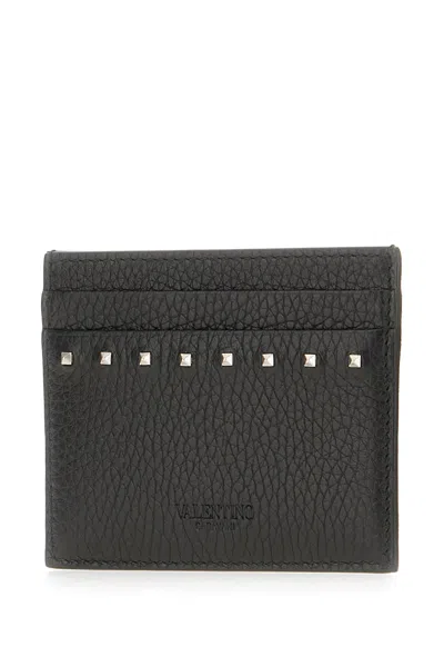 Valentino Garavani Leather Card Holder With Textured Finish And Studded Design In Black