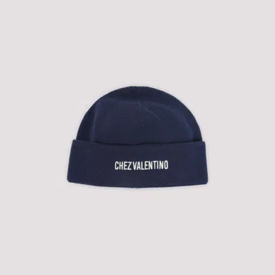 Valentino Garavani Cotton And Wool Blend Beanie With Turn-up Brim In Blue