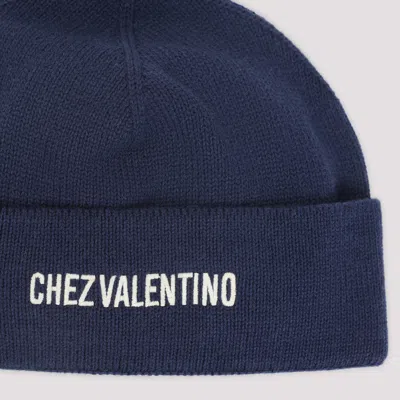 Valentino Garavani Cotton And Wool Blend Beanie With Turn-up Brim In Blue