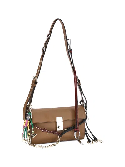 Prada Soft Sound Large Caramel Leather Bag With Charms In Brown