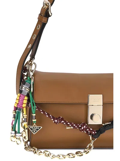 Prada Soft Sound Large Caramel Leather Bag With Charms In Brown