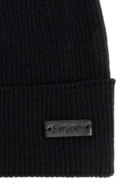 Saint Laurent Wool Beanie With Logo Patch In Black