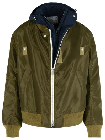 Sacai Khaki Nylon Bomber Jacket In Green