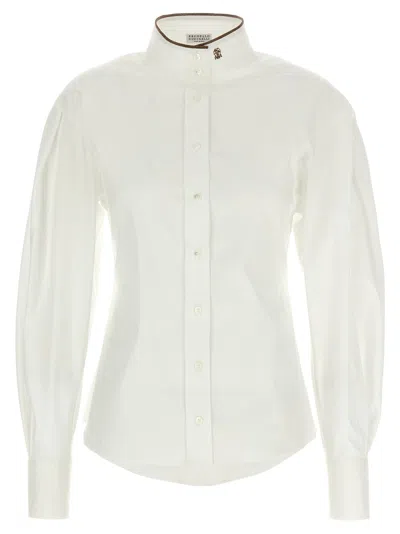 Brunello Cucinelli Stretch Cotton Poplin Shirt With Shiny Collar Detail In White