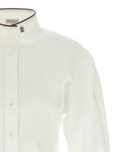 Brunello Cucinelli Stretch Cotton Poplin Shirt With Shiny Collar Detail In White