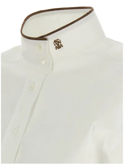 Brunello Cucinelli Stretch Cotton Poplin Shirt With Shiny Collar Detail In White