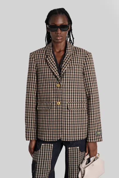 Ganni Check Wool Blend Oversized Blazer With Notched Lapels In Multi
