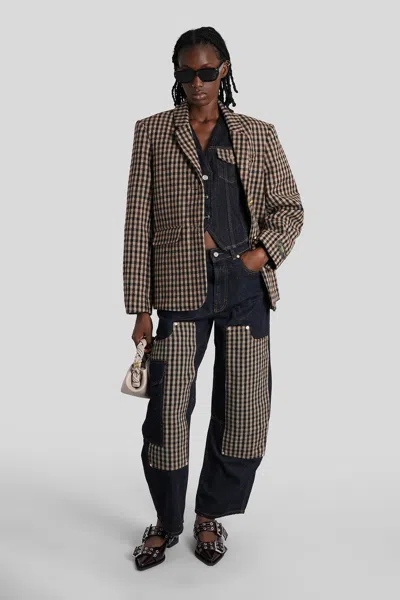 Ganni Check Wool Blend Oversized Blazer With Notched Lapels In Multi