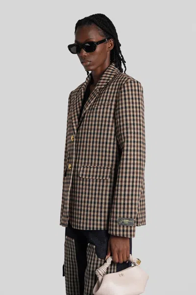 Ganni Check Wool Blend Oversized Blazer With Notched Lapels In Multi