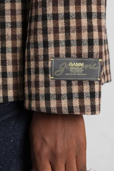 Ganni Check Wool Blend Oversized Blazer With Notched Lapels In Multi