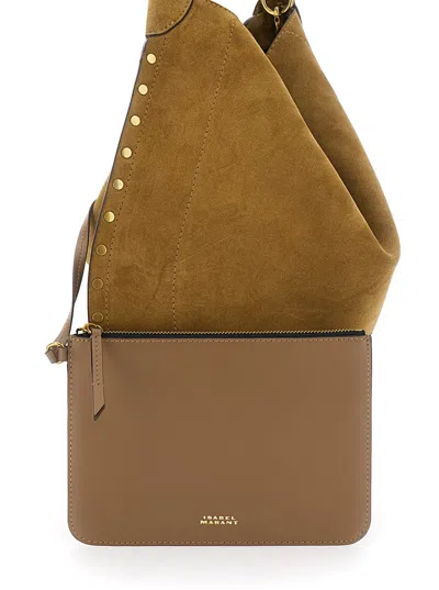 Isabel Marant Oskan Hobo Beige Shoulder Bag With Studs Trim In Suede Woman In Neutral