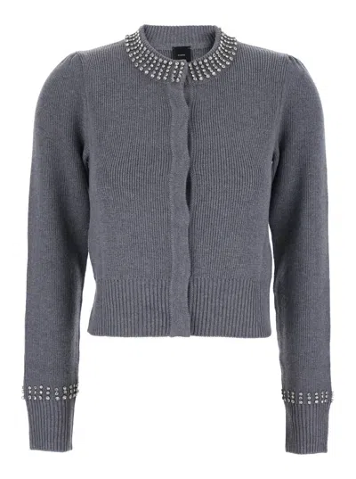 Pinko Grey Cardigan With Crystal Embellishments And Logo Patch On The Back In Cashmere Woman In Gray
