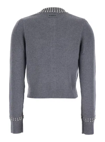 Pinko Grey Cardigan With Crystal Embellishments And Logo Patch On The Back In Cashmere Woman In Gray