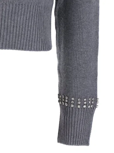 Pinko Grey Cardigan With Crystal Embellishments And Logo Patch On The Back In Cashmere Woman In Gray