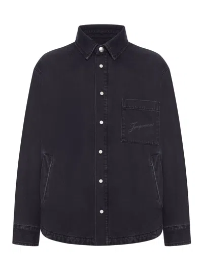 Jacquemus Virgin Wool Long-sleeve Shirt With Embroidered Logo In Black