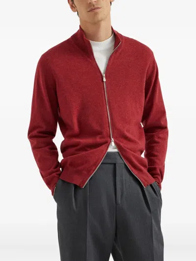 Brunello Cucinelli Turtleneck Zipper Cashmere Cardigan In Red
