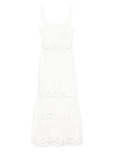 Self-portrait Lace-insert Belted Midi Dress In White