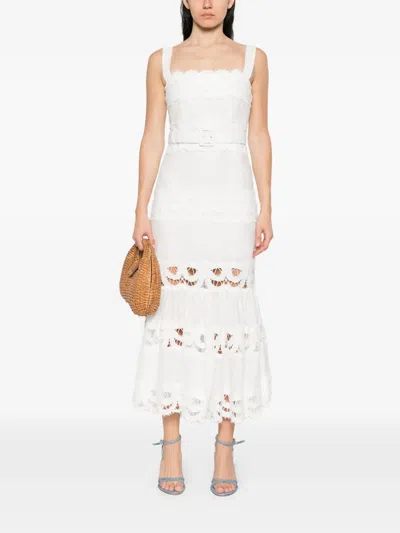 Self-portrait Lace-insert Belted Midi Dress In White