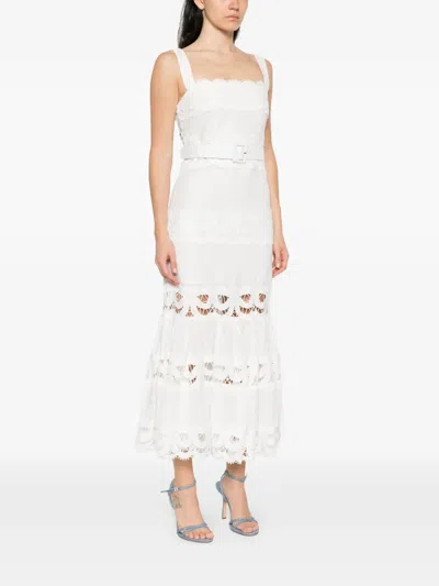 Self-portrait Lace-insert Belted Midi Dress In White
