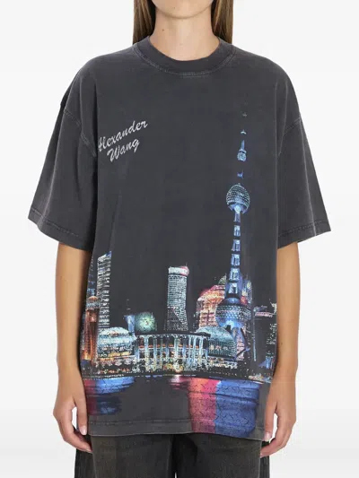 Alexander Wang Shanghai Skyline Graphic Rhinestone T-shirt In Gray