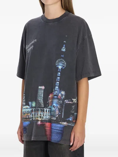Alexander Wang Shanghai Skyline Graphic Rhinestone T-shirt In Gray