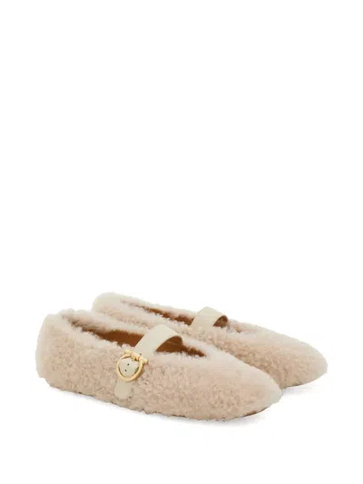 Ferragamo Gancio Genuine Shearling Ballet Flat In Neutral