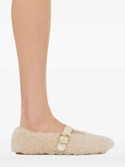 Ferragamo Gancio Genuine Shearling Ballet Flat In Neutral