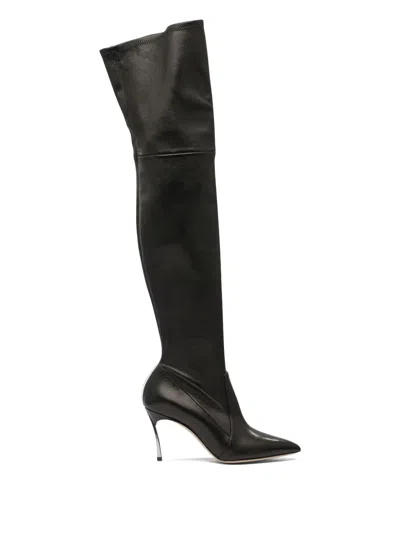 Casadei Pointed Toe Stiletto Heel Over-the-knee Boots In Black