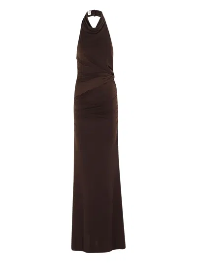 The Andamane Stella Maxi Turtleneck Open Back Maxi Dress In Brown