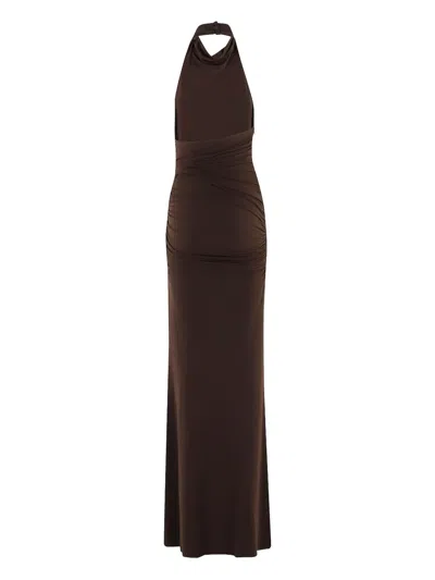 The Andamane Stella Maxi Turtleneck Open Back Maxi Dress In Brown