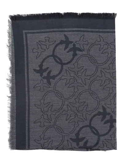 Pinko Viscose Blend Scarf With Love Birds Motif In Gray
