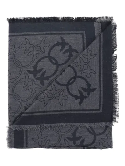 Pinko Viscose Blend Scarf With Love Birds Motif In Gray