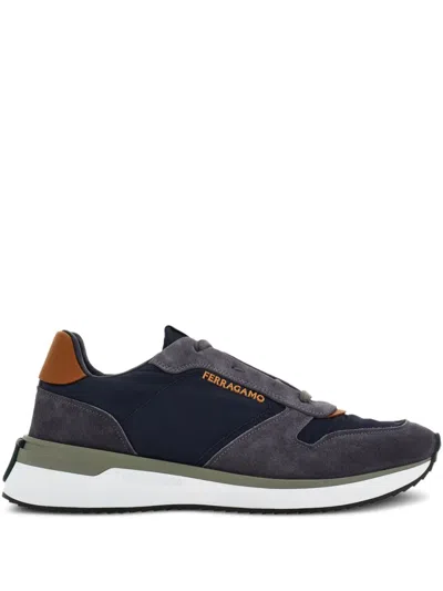 Ferragamo Suede Panelled Sneakers In Blue