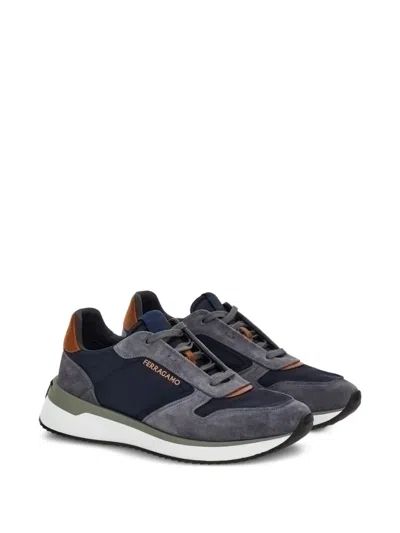 Ferragamo Suede Panelled Sneakers In Blue