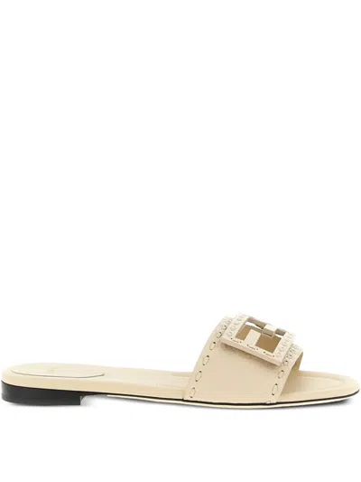 Fendi Baguette Ff Leather Buckle Flat Slide Sandals In White