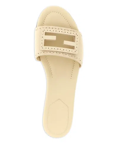 Fendi Baguette Ff Leather Buckle Flat Slide Sandals In White