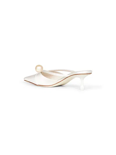 Jimmy Choo Satin Mules With Pearl Detail And Kitten Heel In Neutral