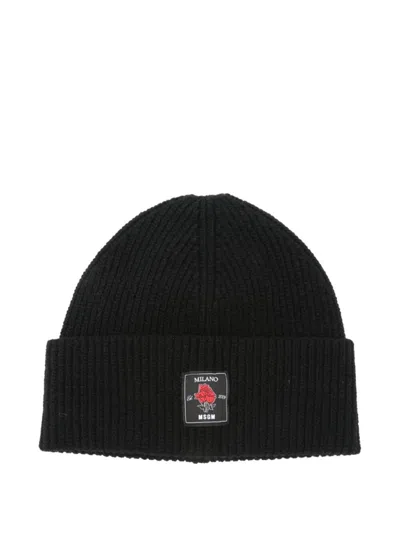 Msgm Rose-patch Ribbed Beanie Accessories In Black
