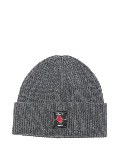 Msgm Rose-patch Ribbed Beanie Accessories In Gray