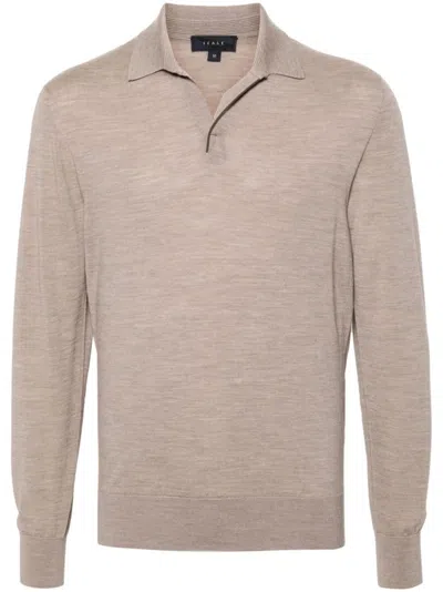 Sease Classic Polo Design Wool Sweater With Ribbed Hem In Beige