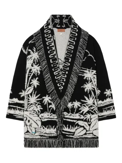 Alanui Black Cardigan With Tropical Pattern And Fringes In Black