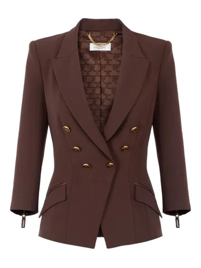 Elisabetta Franchi Structured Double-breasted Jacket Gold Buttons In Brown