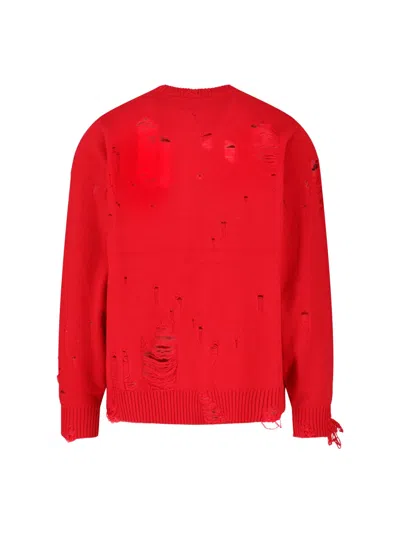 Charles Jeffrey Loverboy Distressed Red Wool Blend Sweater With Ribbed Finishes In Red