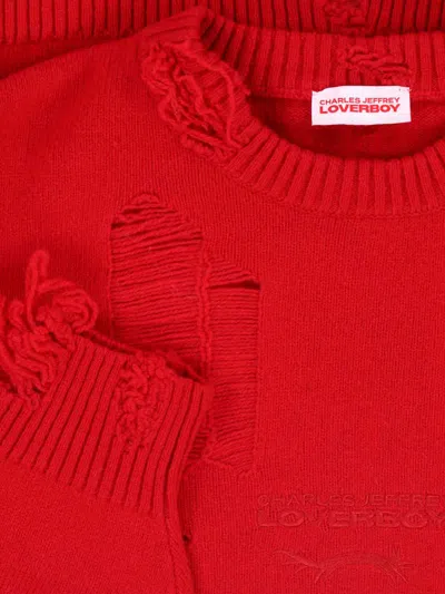 Charles Jeffrey Loverboy Distressed Red Wool Blend Sweater With Ribbed Finishes In Red