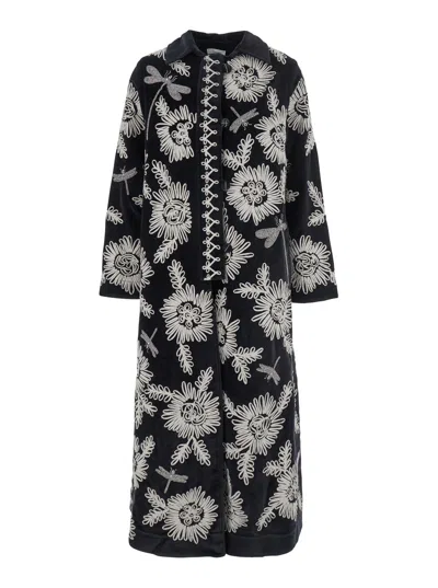 Forte Forte Long Coat With Floral Embroidery And Pockets In Black
