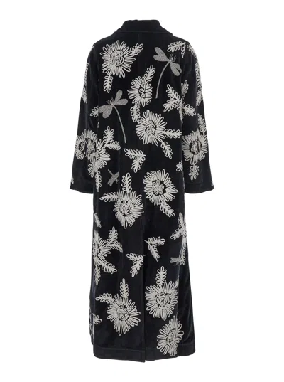 Forte Forte Long Coat With Floral Embroidery And Pockets In Black