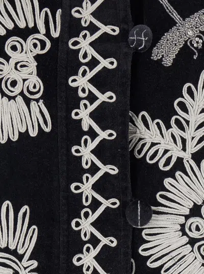 Forte Forte Long Coat With Floral Embroidery And Pockets In Black