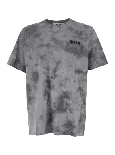 Msgm Grey T-shirt With Embroidered Logo On The Front And All-over Tye-die Print In Cotton Man In Gray