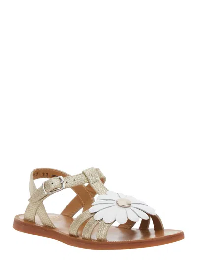 Pom D'api Plagette Metallic Open Toe Sandals With Daisy Flower Application On Front In Leather Girl In Silver