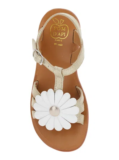 Pom D'api Plagette Metallic Open Toe Sandals With Daisy Flower Application On Front In Leather Girl In Silver